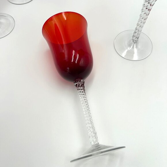 Long Stem, Hand Blown, Red with Clear Twisted Stem Wine Glasses, Set of 7, Tulip - Picture 6 of 9